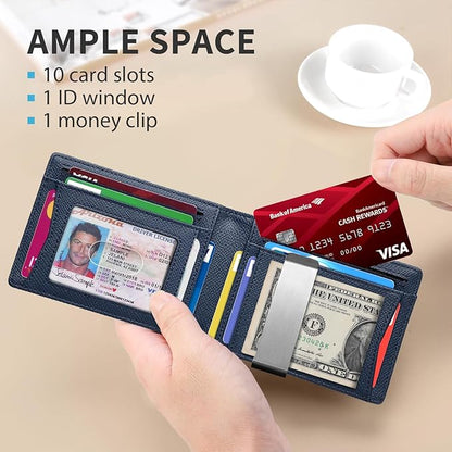 RUNBOX Slim Money Clip Wallets for Men RFID Blocking 11 Card Holder Minimalist Small Leather Bifold Men's Front Pocket Wallet Gift Box