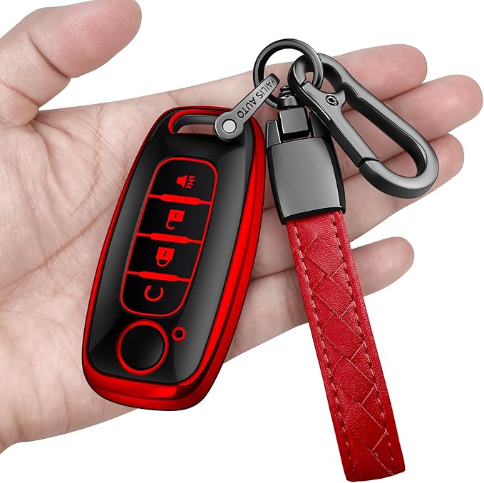 Sindeda for Nissan Key Fob Cover with Keychain Soft Full Protection Key Shell Key Case Compatible with 2023 2024 2025 Pathfinder Kicks Rouge(Red, 4 Buttons-A)