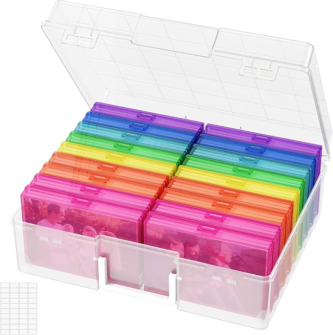 Lifewit Plastic 4x6 Photo Storage Box, 18 Pcs Inner keeper with Lids, Transparent Rainbow Color Photo Organizers with Label Stickers, Craft Storage Box for Seeds Cards Office Supplies