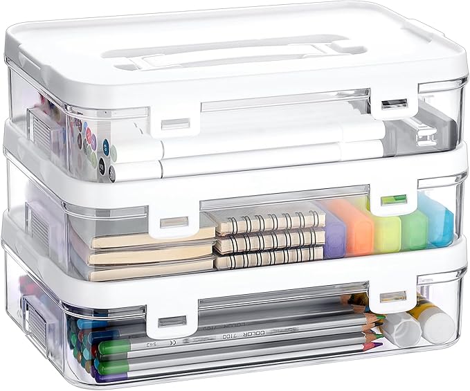 BTSKY 3 Pack Clear Plastic Storage Box with Handle & Flap Lid, Portable Craft Organizers and Storage Box Art Supply Storage Organizer Multipurpose Plastic Sewing Box for Beads Pencils Sticky Notes