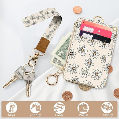 bolimoss Daisy Lanyards for ID Badges Keys, 2-in-1 Cute Floral ID Badge Holder & Lanyard Wallet,PU Leather Wallet Lanyard Card Name Tag Protector for Women Nurses, Teachers, Students
