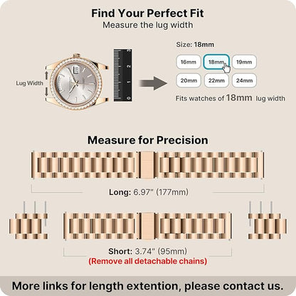 Fullmosa 18mm Stainless Steel Watch Band, Quick Release Metal Replacement Strap with Removable Links, Includes Spring Bars & Link Removal Tool for Men Women (Rose Gold)