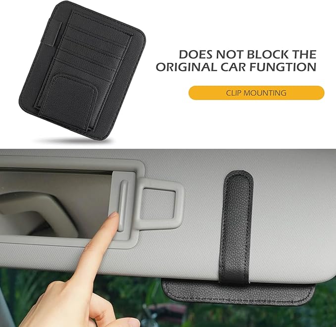 Car Sun Visor Organizer, Small Leather Car Visor Organizer with Sunglasses Clip, Multifunctional Auto Sun Visor Storage Pocket, Card Sleeve Pocket Organizer for Driving License, Pen, Chapstick