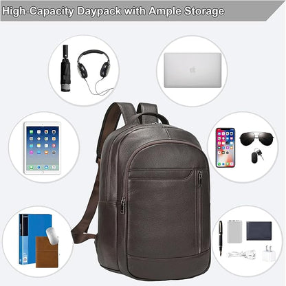 Large Capacity Genuine Leather Backpack for Men, 15.6 Inch Laptop Daypack Business Travel Shoulder Bag, Brown