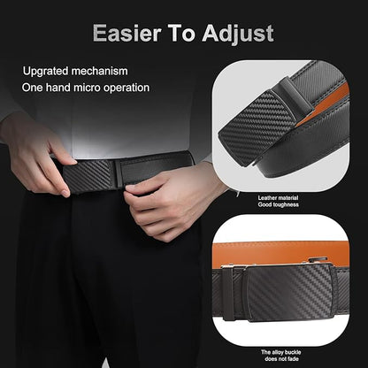 Men's Ratchet Belt Genuine Leather No-Hole Slide Buckle - Adjustable Men's Dress & Casual Belt