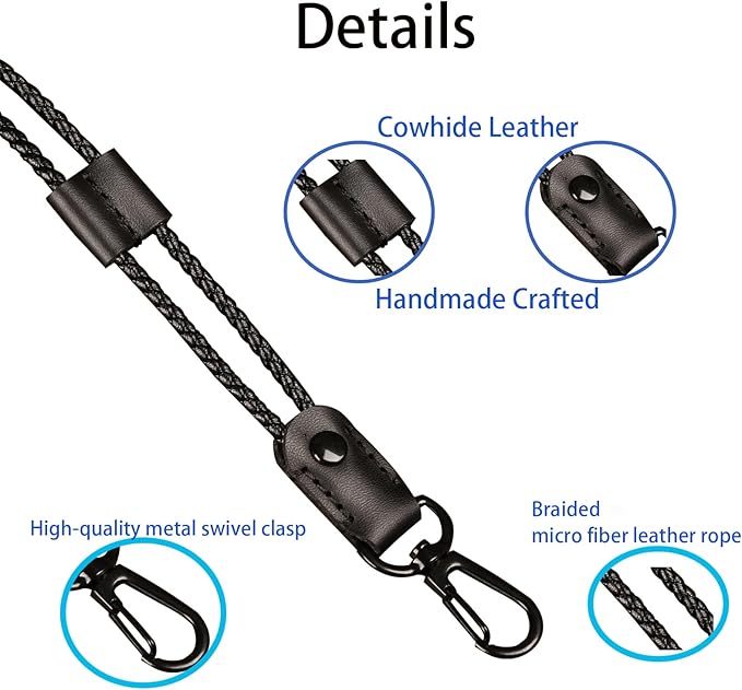 Lanyard, Leather Neck Lanyard for keys- Office Black ID Badges Lanyard Keychain with Metal Clasp for Card Holder, Car Keys, Wallet, USB, Phone