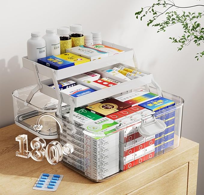 3-Tier 12 x 9 x 7 Medicine Organizer, Medicine Cabinet Organizer with Portable Pill Case, Multipurpose Plastic Box for Storage Empty First Aid Box