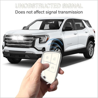 QBUC for Chevy Key Fob Cover with Keychain Soft TPU Protection Case Compatible with 2021-2026 Chevy Colorado Equinox Silverado GMC Canyon Sierra Terrain 4-Buttons(Chrome Trim White)