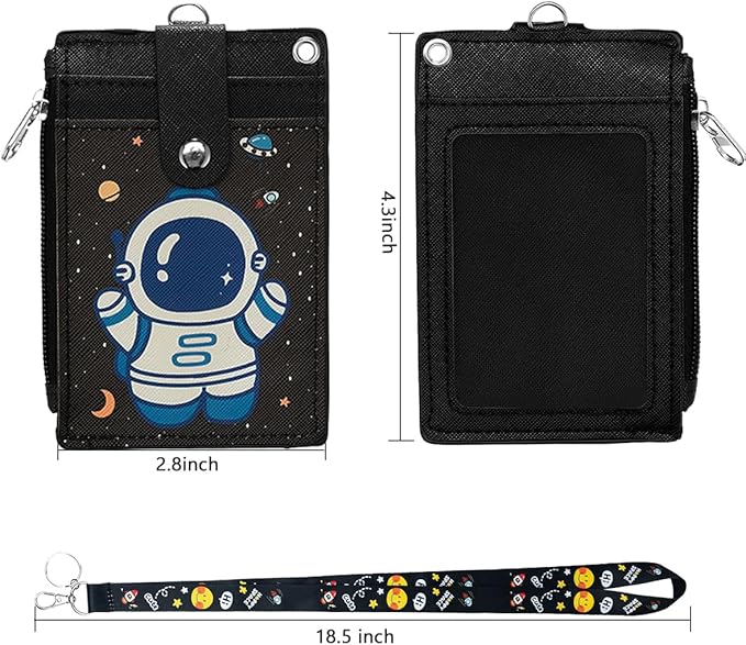 HASFINE ID Badge Holder with Lanyard,Cute Astronaut Work Badge with Zippered Pocket,Functional 2-Sided ID Card Wallet with 3 Slots and Detachable Keychain for Teacher Student Nurse and Office Staff
