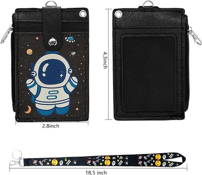 HASFINE ID Badge Holder with Lanyard,Cute Astronaut Work Badge with Zippered Pocket,Functional 2-Sided ID Card Wallet with 3 Slots and Detachable Keychain for Teacher Student Nurse and Office Staff
