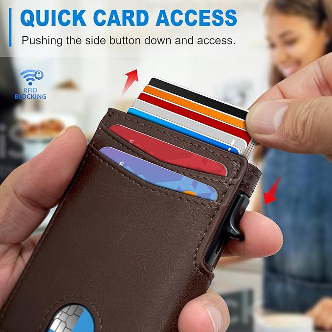 miyozi Wallet for Men, Magnetic Minimalist Slim Wallet with Pop Up Card Holder, 9 Cards RFID Blocking Metal Credit Card Case, Leather Wrapped Money Clip, ID Window & Small Item Slot, Gift Boxed