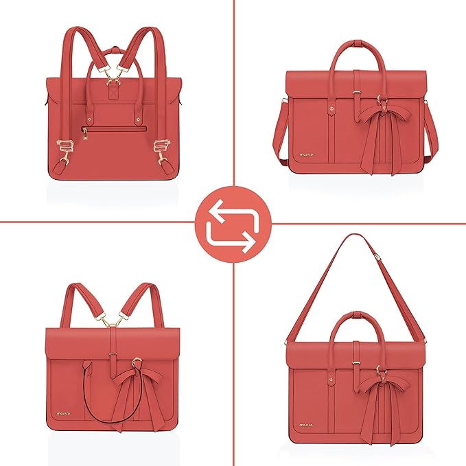 MOSISO Laptop Bag for Women, 15-15.6 inch PU Leather Laptop Shoulder Bags Convertible Backpack, 16 inch Messenger Bags Casual Handbag Work Briefcase Travel Computer Bag with Bowknot, Coral