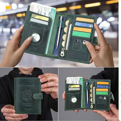 CONTACTS Full Grain Leather Passport Holder Compatible with Airtag RFID Blocking Passport Wallet for Men Travel Passport Cover with SIM Card Removal Tool (Badge, Green)