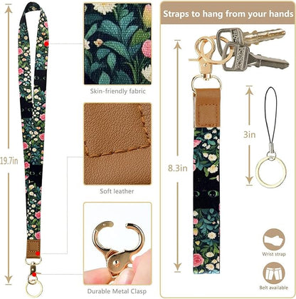 2-in-1 ID Badge Holder & Lanyard Wallet Cute Women Leather Zip ID Case Wallet with Breakaway Wrist Neck Lanyard, Clear Window, 5 Card Slots, Ring Keychain for Worker Teacher Floral Halloween Black Cat
