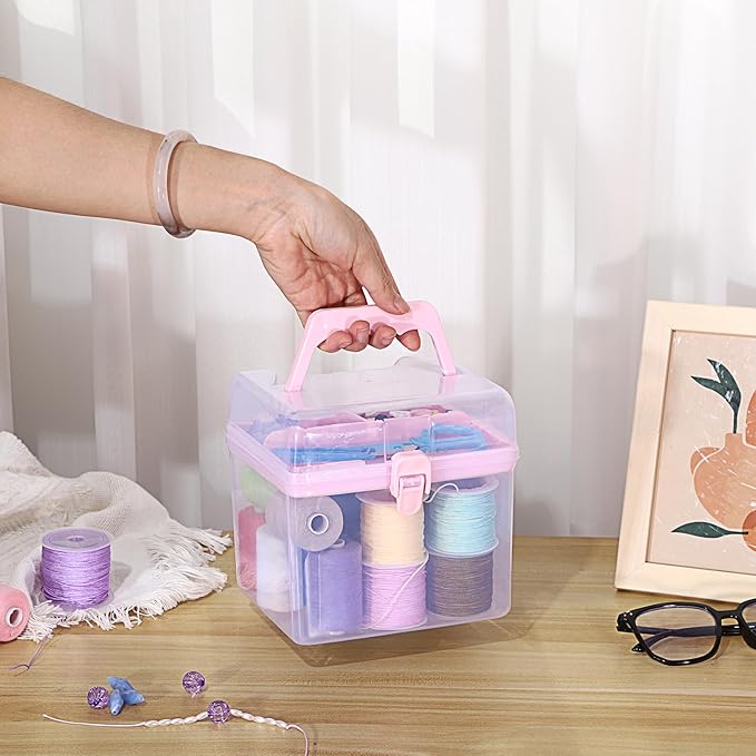 BTSKY Multipurpose Plastic Craft Storage Containers with Removable Tray, Clear Plastic Storage Box with Lid & Handle, Easy Carry & Stack Small Storage Container, 6.3x5.6x6.3 Inch, Square-Pink
