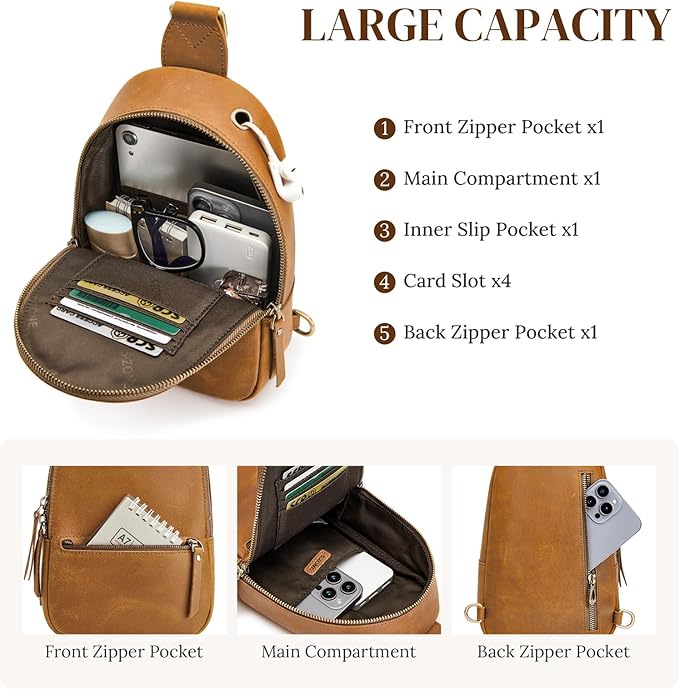 S-ZONE Leather Sling Bags for Women Men, Fanny Packs, Small Crossbody Purse Chest Bag with RFID Blocking
