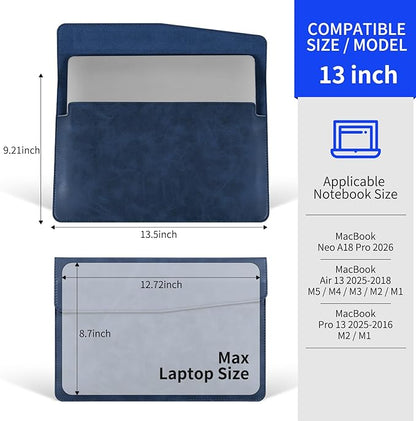 13 Inch Leather Laptop Sleeve Compatible with MacBook Neo 13" 2026 & MacBook Air/Pro 13" (M5/M4/M3/M2/M1, 2025-2018), Magnetic Buckle Closure Protective Case Cover,Blue
