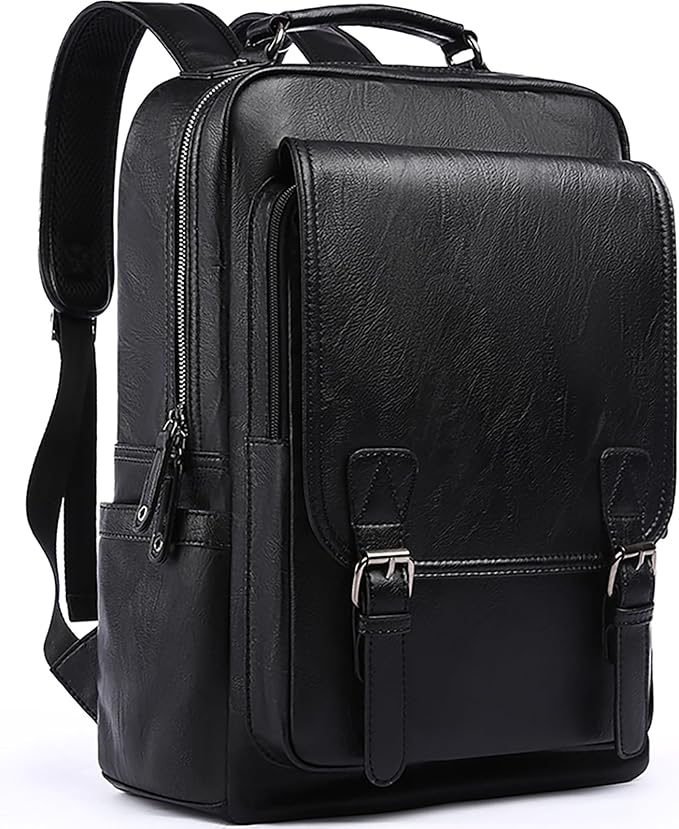Leather Travel Laptop Backpack For Men Fit 15.6" Waterproof Vintage Backpack Business Work Knapsack College Commute Hiking Black Backpacks