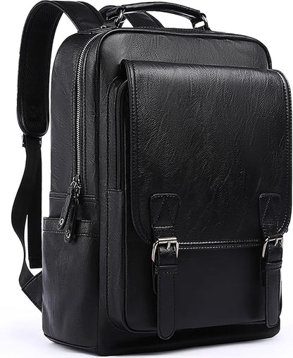 Leather Travel Laptop Backpack For Men Fit 15.6" Waterproof Vintage Backpack Business Work Knapsack College Commute Hiking Black Backpacks
