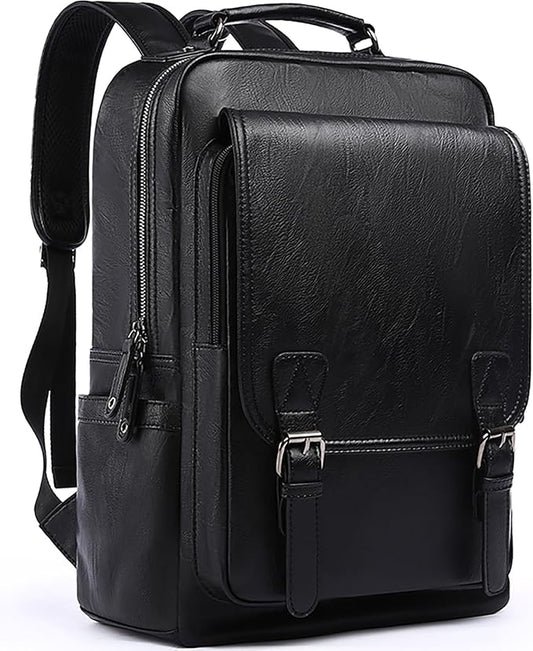 Leather Travel Laptop Backpack For Men Fit 15.6" Waterproof Vintage Backpack Business Work Knapsack College Commute Hiking Black Backpacks