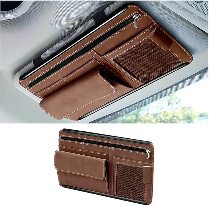 Car Sun Visor Organizer, Leather Vehicle Visor Card License Storage Pouch with Glasses Holder, Multifunctional Auto Interior Sunshade Document Pocket Organizer, Universal for Vehicles (Brown)