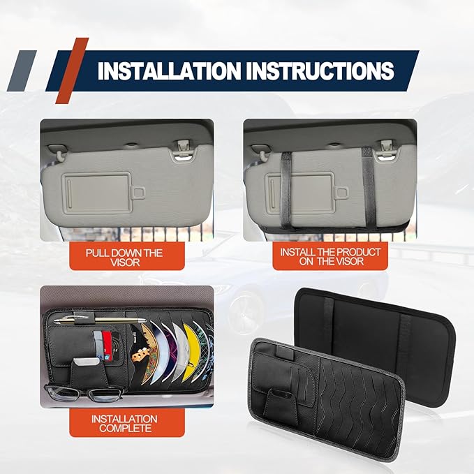 Car Sun Visor Organizer, Car CD Case Holder, Universal Car Eyeglasses Holder Clip with Storage Pockets, for Storing Sunglasses Card Pen Invoice, Black