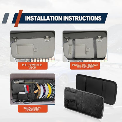 Car Sun Visor Organizer, Car CD Case Holder, Universal Car Eyeglasses Holder Clip with Storage Pockets, for Storing Sunglasses Card Pen Invoice, Black