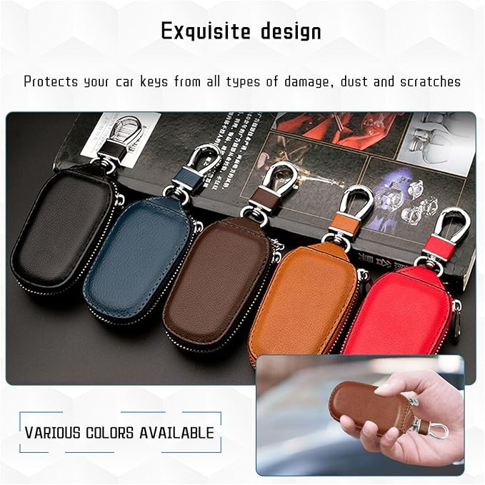 Car Key Case, Genuine Leather Auto Key Fob Cover Case, Key Fob Protector with Metal Hook, Car Smart Keychain Holder (Brown)