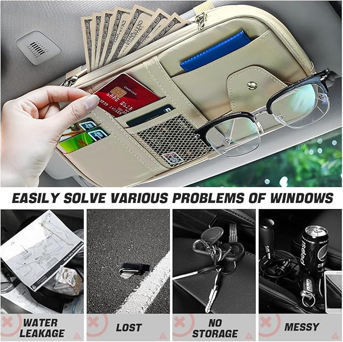 AUCELI Car Sun Visor Organizer, PU Leather Document Registration Case Bag with Multi-Pocket for License Pen Key, Sunglass Holder Net Zipper Storage Pouch, Universal Auto Truck Accessories