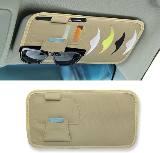 Car Visor Organizer, Sun Glassed Holder, Sunvisor Storage Holder, Car Visor Storage Pocket, PU Leather Pocket Storage Pouch Holder Car Accessories for Sunglasses, Cards, CDs Storage