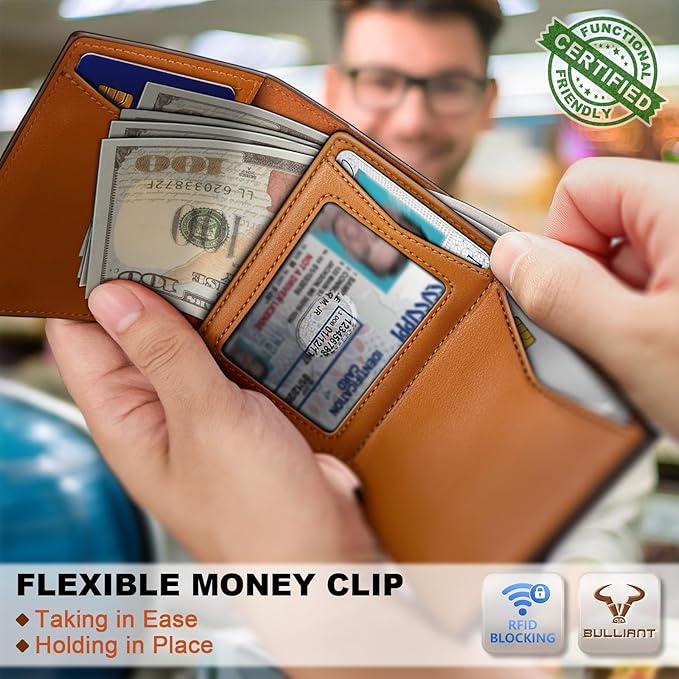 BULLIANT Men Wallet Leather Wallet Card Holders Money Clip for Men 10Cards-Magnetic Flip on Metal Case