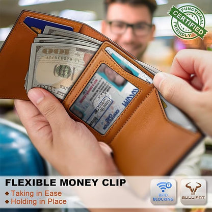 BULLIANT Men Wallet Leather Wallet Card Holders Money Clip for Men 10Cards-Magnetic Flip on Metal Case