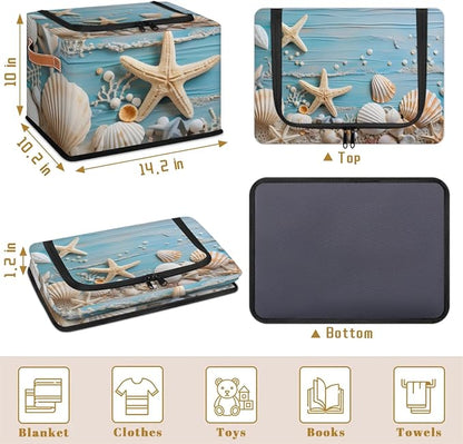 Ocean Shells Starfish Storage Bins With Zipper Lid, Collapsible Trunk Organizer, Car Organizers and Storage Bins with Lids, Decorative Storage Boxes with Handle, Home Storage Baskets for Organizing