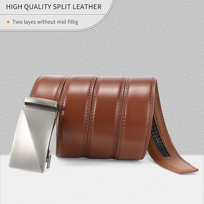 SENDEFN Men's Leather Belt - Automatic Ratchet Slide Buckle, Easy Trim-to-Fit Function, Packaged with Gift Box