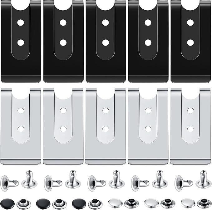 Frienda 10 Pcs Metal Belt Clip Buckle Spring Hook Belt Clip with 10 Pairs Rivets for Bag Leather DIY(Black and Silver)