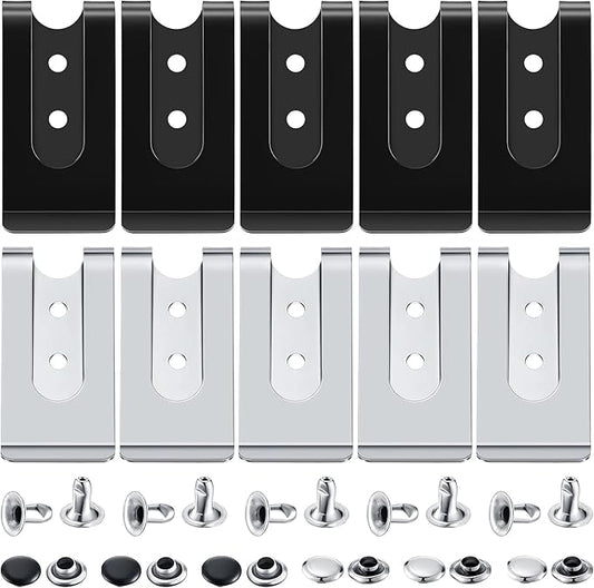 Frienda 10 Pcs Metal Belt Clip Buckle Spring Hook Belt Clip with 10 Pairs Rivets for Bag Leather DIY(Black and Silver)