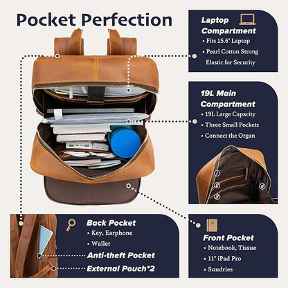 Leather Backpack for Men 15.6" Laptop Backpack 100% Madagascar top-Grain Leather Backpack Light Brown Medium Size