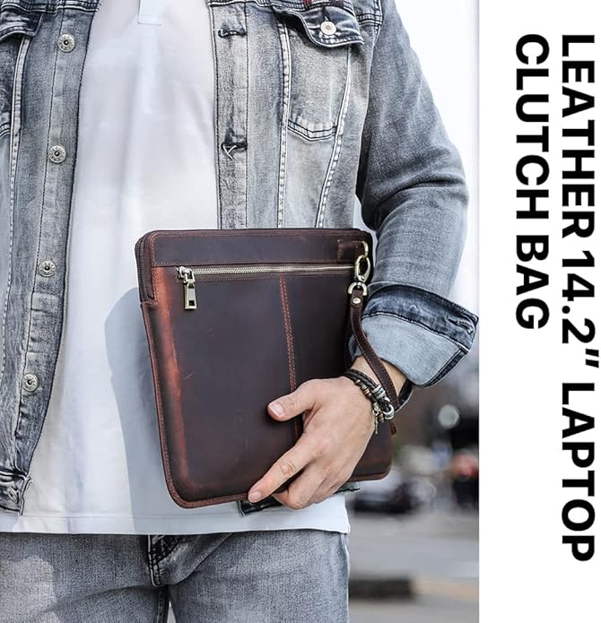 CONTACTS Full Grain Leather 14" Laptop Case Large Document Bag Notary Bag Slim Briefcase for Men