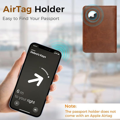 Passport Holder for Travel Women Men - Passport Cover Wallet with Airtag Slot - RFID Blocking PU Leather Passport Holder Case with Card Holder, Pen Slot - Brown