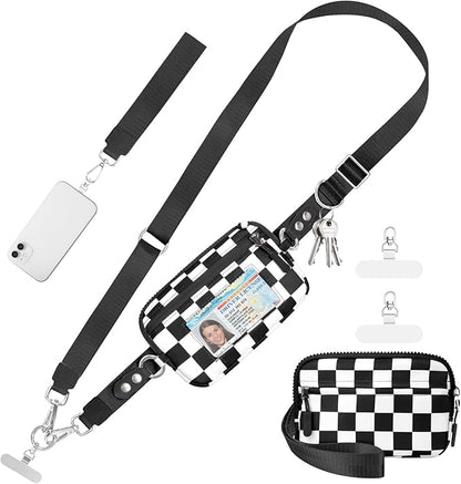 Tiostep Clip and Go Strap for Phone with Wallet Crossbody Phone Lanyard and Detachable Checkered Bag with ID Window and RFID Pouch for Daily Travel.