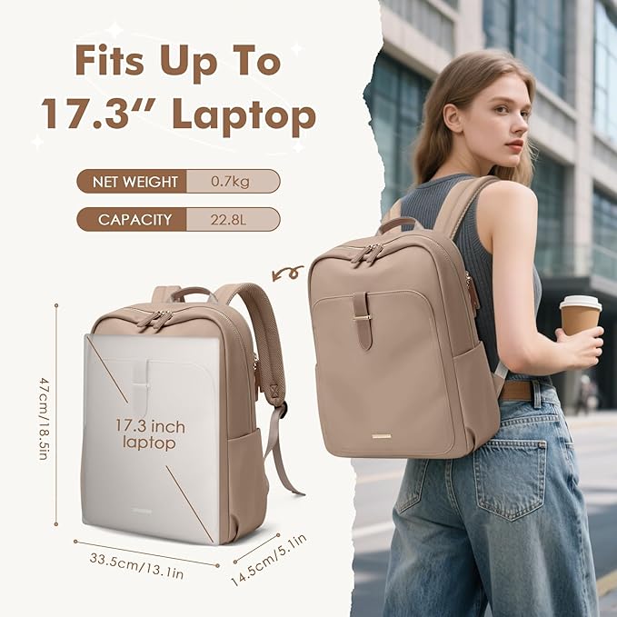Laptop Backpack for Women,Casual Work Business Backpacks Purse Carry on Travel Backpack,17.3 Inch,Champagne Brown