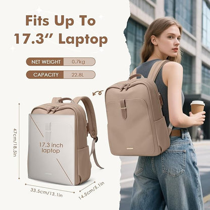 Laptop Backpack for Women,Casual Work Business Backpacks Purse Carry on Travel Backpack,17.3 Inch,Champagne Brown