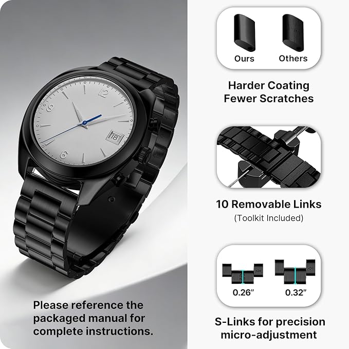 Fullmosa 16mm Stainless Steel Watch Band, Quick Release Metal Replacement Strap with Removable Links, Includes Spring Bars & Link Removal Tool for Men Women (Black)