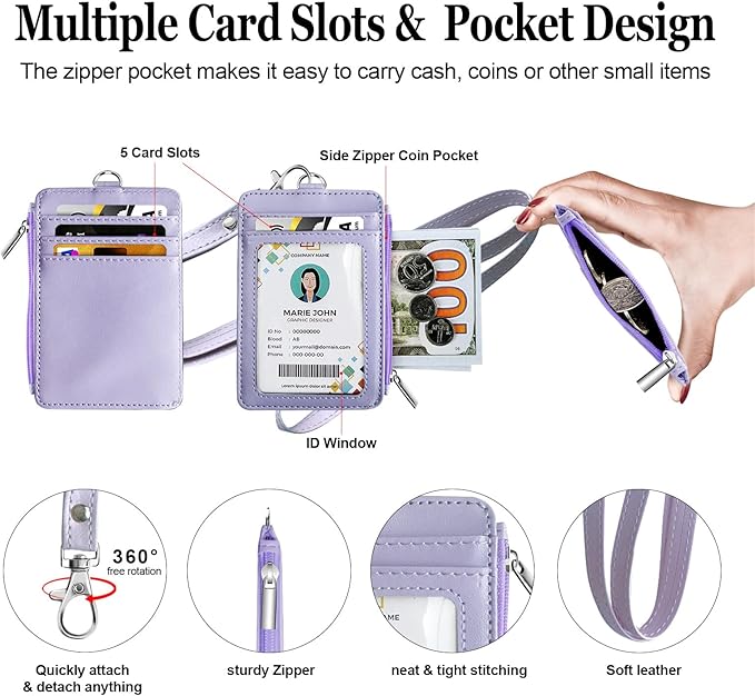 bolimoss 2-in-1 ID Badge Holder & Lanyard Wallet for Women Teacher, Multiple Card Slots PU Leather ID Badge Wallet Case with Detachable Neck Lanyard 1 ID Window, 4 Card Slots, 1 Side Zipper Pocket