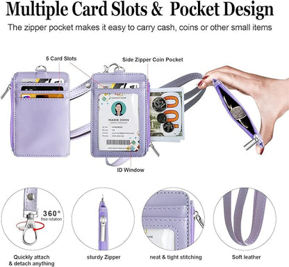 bolimoss 2-in-1 ID Badge Holder & Lanyard Wallet for Women Teacher, Multiple Card Slots PU Leather ID Badge Wallet Case with Detachable Neck Lanyard 1 ID Window, 4 Card Slots, 1 Side Zipper Pocket