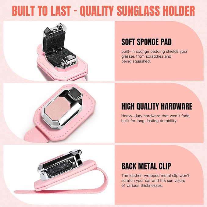 2PCS Sunglass Holder for Car Visor, Faux Leather Eyeglass Holder Clip for Car Sun Visor Organizer, Universal One Handed Operation Sun Glass Hanger, Car Interior Accessories for Women Man