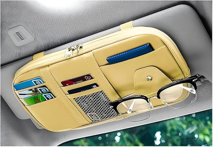 Car Sun Visor Organizer, Multi-Pocket Visor Storage Pouch Sunglasses Holder with Net Zippers, PU Leather Sunvisor Storage Bag with Elastic Band for Driving License Card Pen (Beige)