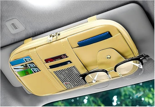 Car Sun Visor Organizer, Multi-Pocket Visor Storage Pouch Sunglasses Holder with Net Zippers, PU Leather Sunvisor Storage Bag with Elastic Band for Driving License Card Pen (Beige)