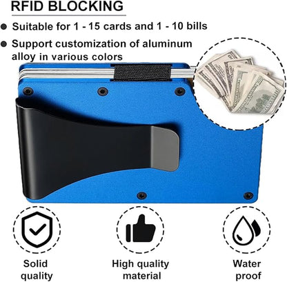 Leatherboss Wallet for Men RFID Blocking Minimalist Metal Card Holder with Money Clip Holds Credit Cards and Cash (Navy Blue)