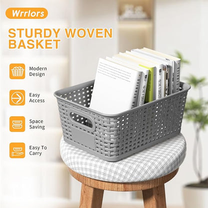 Gray Plastic Storage Baskets - Pack of 8 with Labels Stackable Durable Storage Bins, Storage Containers for Organizing Desks, Closets, Playrooms, Classrooms, Offices